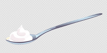 Whit sauce in spoon in cartoon style. White swirl condiment mousse in teaspoon. Vector illustration.のイラスト素材