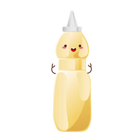 Mayonnaise cute character in glass bottle. Jar with white sauce. Condiment container in cartoon style. Vector illustration.のイラスト素材
