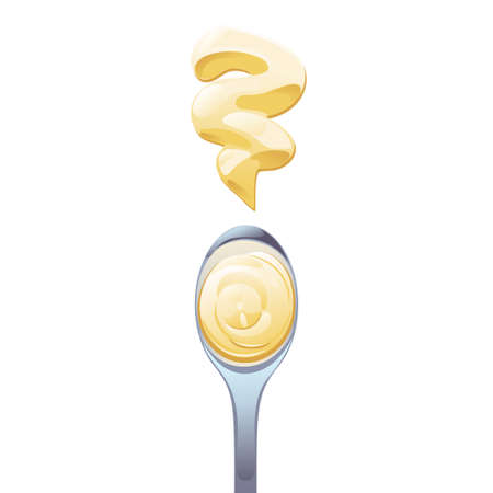 Mayonnaise in metal spoon in catroon flat style. Portion of sauce. Vector design for advertising cheese, dairy products, healthy food.のイラスト素材