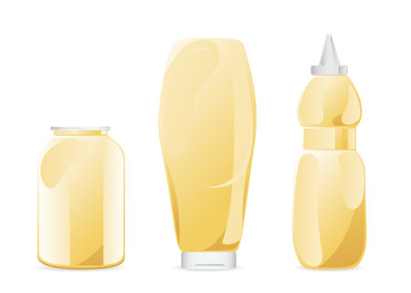Mayonnaise in glass bottles set. Jars with white sauce. Condiment containers in cartoon style. Vector illustration.のイラスト素材