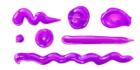 Purple slime stains, splashes or blobs set. Pink jelly in cartoon flat style. Vector design elements.のイラスト素材