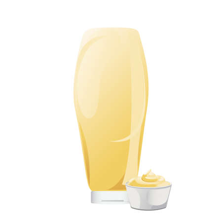 Mayonnaise in glass bottle with ceramic bowl. Jar with white sauce. Condiment container in cartoon style. Vector illustration.のイラスト素材