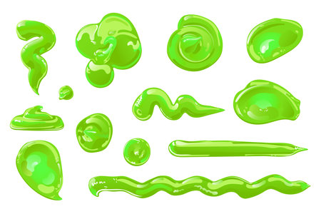 Green slime in flat cartoon style set. Toxic jelly splashes, drops or stains. Vector design for Halloween.のイラスト素材