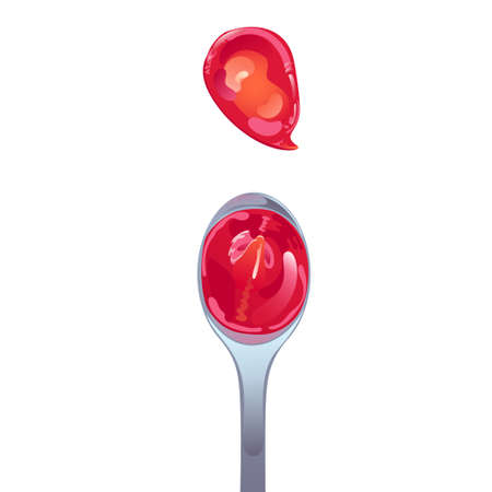 Tomato ketchup in spoon. Red spicy sauce in swirl form. Vector illustration in flat cartoon design.のイラスト素材