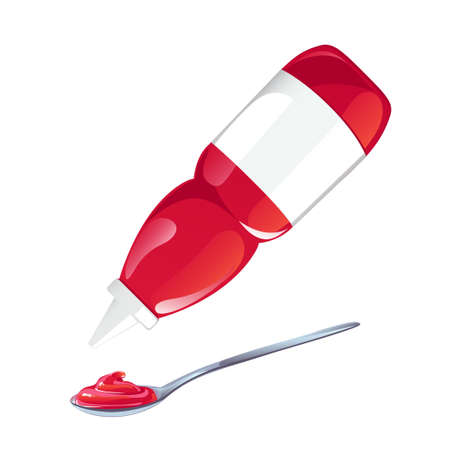 Tomato ketchup bottle. Red sauce container with white label isolated on whie background. Vector illustration in cartoon flat style.のイラスト素材