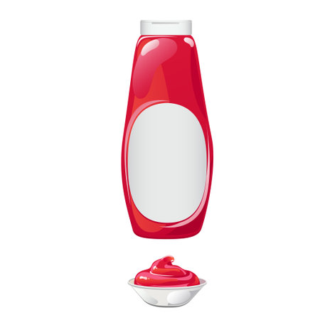 Tomato ketchup bottle. Red sauce container with white label isolated on whie background. Vector illustration in cartoon flat style.のイラスト素材