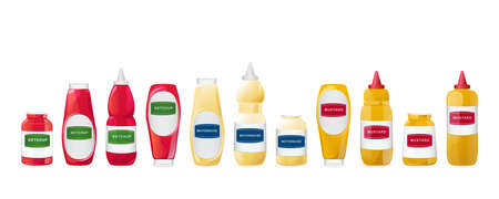 Ketchup, mayonnaise, mustard sauces in bottles set. Realistic vector illustration isolated on white background.のイラスト素材