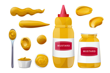 Mustard bottles and splashes set. Dijon honey sauce cream. Vector design in cartoon style for food branding.のイラスト素材