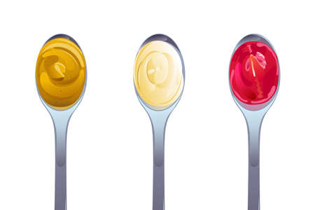 Ketchup, mayonnaise, mustard sauces in the spoons set. Realistic vector illustration isolated on white background.のイラスト素材