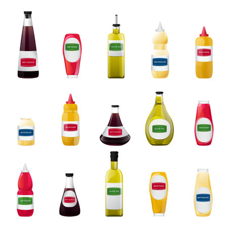 Big sauce in bottles set. Soy, Olive Oil, Mustard, Ketchup and Mayonnaise sauces. Condiment elements for food design.のイラスト素材