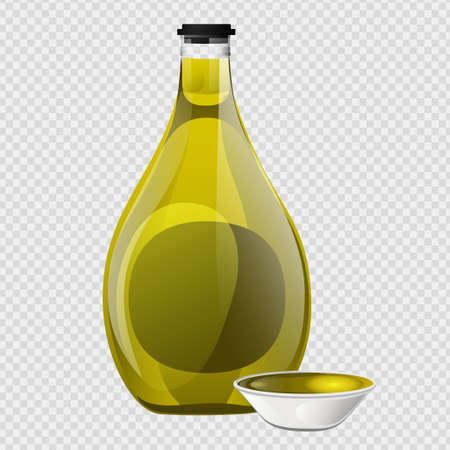 Olive oil glass bottle and bowl set in cartoon style.のイラスト素材