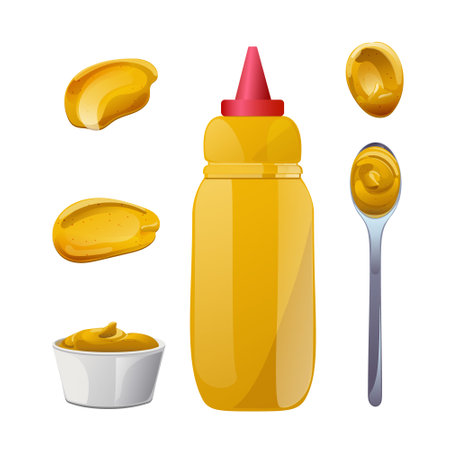 Mustard bottles and splashes set. Dijon honey sauce cream. Vector design in cartoon style for food branding.のイラスト素材