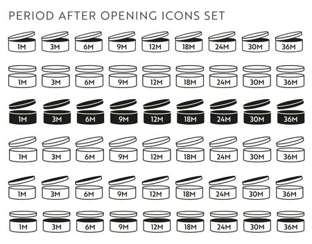 PAO vector icon set. Period after opening symbols. Can with open cap with expiration period in months.のイラスト素材