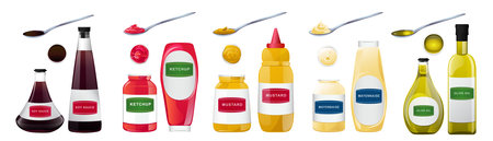 Big sauce in bottles set. Soy, Olive Oil, Mustard, Ketchup and Mayonnaise sauces. Condiment elements for food design.のイラスト素材