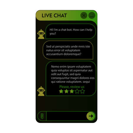 Chatbot window. Dark Night mode. User interface of application with online dialogue. Conversation with a robot assistantのイラスト素材
