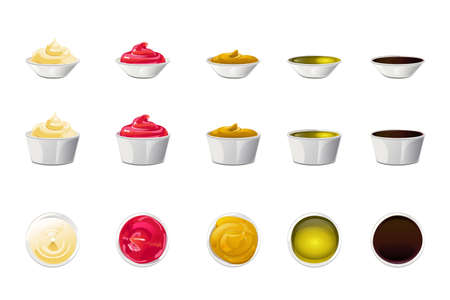 Big sauce in bowls set. Soy, Olive Oil, Mustard, Ketchup and Mayonnaise sauces. Condiment elements for food design.のイラスト素材