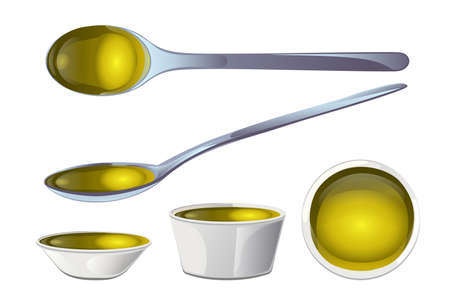 Yellow olive oil in bowl and spoons in cartoon style.のイラスト素材
