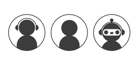 Chatbot robot and user icons in circle set. Elements for design online support service dialogue window.のイラスト素材