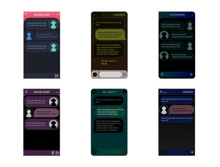 Chatbot windows set. Dark Night mode. User interface of application with online dialogue. Conversation with a robot assistantのイラスト素材
