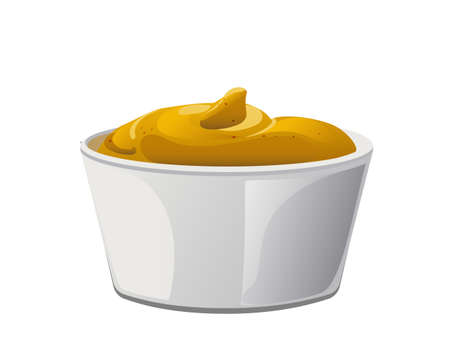 Mustard portion in the bowl. Dijon honey sauce cream. Vector design in cartoon style for food branding.のイラスト素材