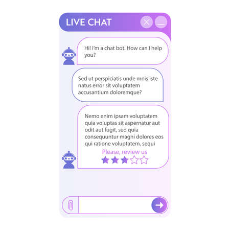 Chat bot window. User interface of application with online dialogue. Conversation with a robot assistantのイラスト素材