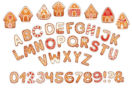 Gingerbread Houses and Alphabet Set. Cute Christmas Traditional Cookie with white icing decoration. Vector illustration.のイラスト素材