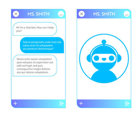 Chat bot window with start page. User interface of application with online dialogue. Conversation with a robot assistantのイラスト素材