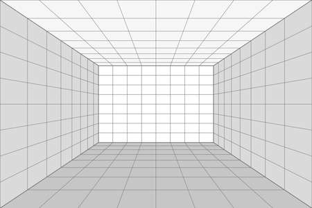 Grid perspective white room with gray wireframe background. Digital cyber box technology model. Vector abstract architectural templateのイラスト素材