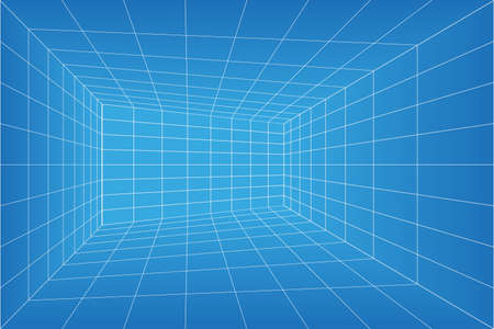 Grid perspective blueprint room. Wireframe millimeter paper background. Digital cyber box technology model. Vector blank architectural templateのイラスト素材