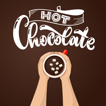 Hot chocolate cup with marshmallow top view. Female hands holding cups of coffee. Vector illustraion.のイラスト素材