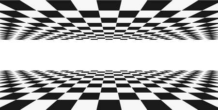 Grid perspective black and whte room. Chess wireframe background. Digital cyber box technology model. Vector abstract illusion templateのイラスト素材
