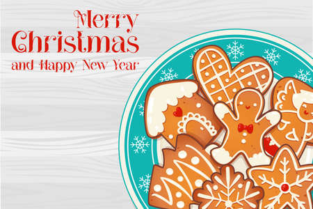 Plate with gingerbread Christmas cookies on wooden table. Top view vector illustration for new year and winter holiday design.のイラスト素材