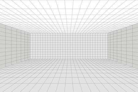 Grid perspective white room with gray wireframe background. Digital cyber box technology model. Vector abstract architectural templateのイラスト素材