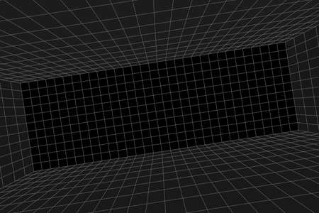 Grid perspective sloping black room. Gray wireframe background. Digital cyber box technology model. Vector abstract architectural templateのイラスト素材