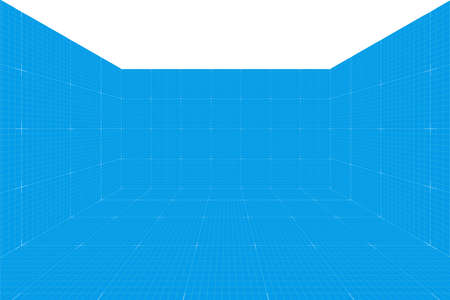 Grid perspective blueprint room without celling. Wireframe millimeter paper background. Digital cyber box technology model. Vector blank architectural templateのイラスト素材