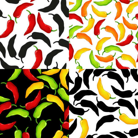 Red, Green, Yellow Pepper vector seamless pattern set. Mexican chili spicy vegetable. Hot paprika texture.のイラスト素材