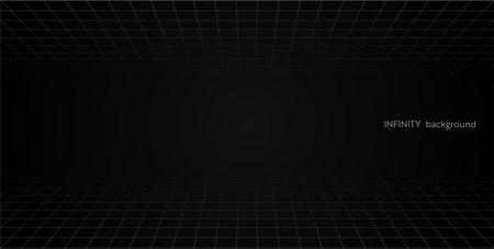 Grid perspective black room floor and celling. Gray wireframe background. Digital cyber box technology model. Vector abstract architectural templateのイラスト素材
