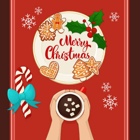 Plate with gingerbread Christmas cookies with hands and hot cocoa. Hand lettering composition. Top view vector illustration for new year and winter holiday design.のイラスト素材