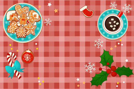 Plate with gingerbread Christmas cookies with hot cocoa. Top view vector illustration for new year and winter holiday design.のイラスト素材