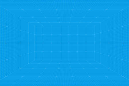 Grid perspective blueprint room. Wireframe millimeter paper background. Digital cyber box technology model. Vector blank architectural templateのイラスト素材