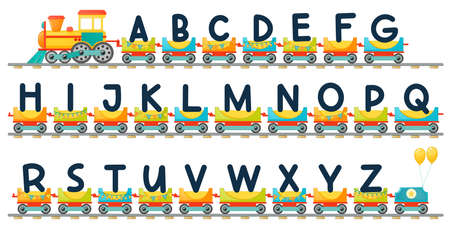 Train alphabet for kid in cartoon style. Capital letters only. Vector ABC letters for children education in school, preschool and kindergarten.のイラスト素材