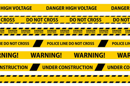 Danger, caution and warning seamless tapes. Black and yellow police stripe border. Crime vector illustration.のイラスト素材