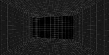 Grid perspective black room. Gray wireframe background. Digital cyber box technology model. Vector abstract architectural templateのイラスト素材