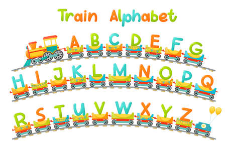 Train alphabet for kid in cartoon style. Capital letters only. Vector ABC letters for children education in school, preschool and kindergarten.のイラスト素材