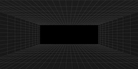 Grid perspective black room. Gray wireframe background. Digital cyber box technology model. Vector abstract architectural templateのイラスト素材
