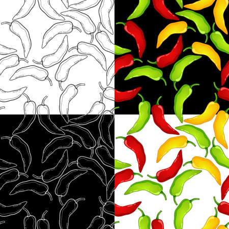 Red, Green, Yellow Pepper vector seamless pattern set. Mexican chili spicy vegetable. Hot paprika texture.のイラスト素材