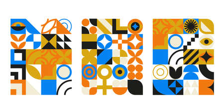 Bauhaus geometric design with eyes elements. Primitive modern shapes and forms. Vector interior...