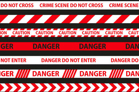Danger, caution and warning seamless tapes. Red and white police stripe border. Crime vector illustration.のイラスト素材