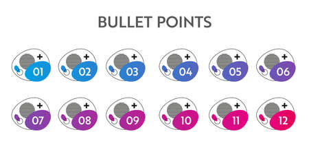 Bullet points numbers. Colorful list markers from 1 to 12. Vector design elements set for modern infographic.のイラスト素材