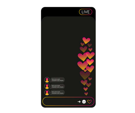 Interface with stream of flying hearts. Like elements for social media live translation. Vector...